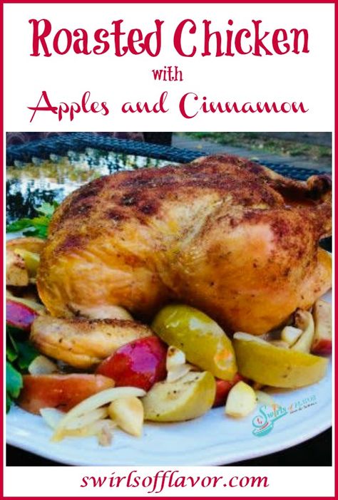 Roasted Chicken With Apples is an easy recipe bursting with the seasonal flavors of apples and the warm spices of autumn. Oven rasted chicken combines with apples, onions and cinnamon for a delicious dinner recipe. #swirlsofflavor #chicken #apples Whole Chicken In Oven, Baked Whole Chicken Recipes, Chicken With Apples, Oven Roasted Whole Chicken, Whole Baked Chicken, Dutch Oven Chicken, Roasted Apples, Whole Chicken Recipes, Whole Roasted Chicken