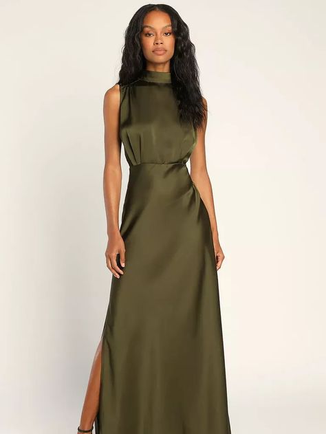 Olive Evening Dress, Mock Neck Maxi Dress, Fabric Detailing, Gathered Fabric, Sleeveless Mock Neck, Fall Wedding Guest Dress, Mock Neck Dress, Formal Dresses Gowns, Mob Dresses