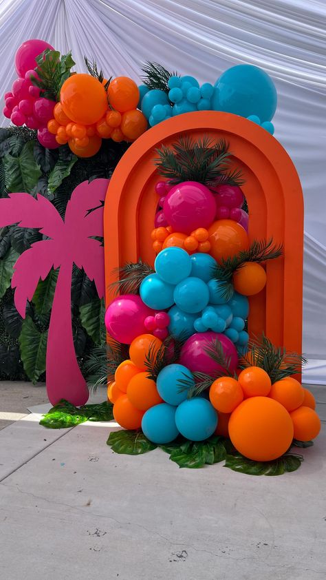 Instagram Orange Birthday Parties, Caribbean Party, Sunset Party, Orange Birthday, 45th Birthday, Birthday Party Theme Decorations, Blue Balloons, Backdrop Design, Tropical Theme