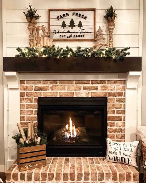 Adorable Farm-to-Fireplace Seasonal Wooden Mantel Sign Fireplace With 9 Ft Ceilings, Beadboard Over Fireplace, Awesome Living Rooms, Indoor Stone Fireplace Ideas, German Smear, Red Brick Fireplaces, Brick Fireplace Makeover, Fireplace Mantel Decor, Farmhouse Fireplace