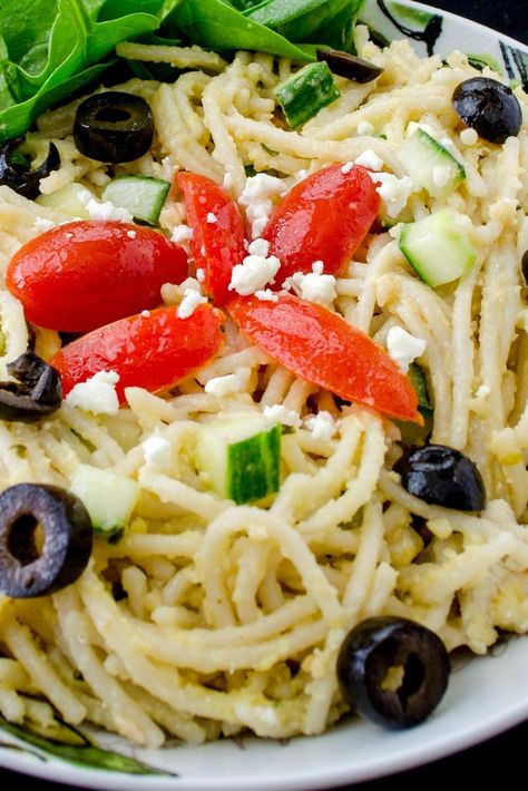 Garlic Hummus Pasta Salad Hummus Pasta, Pasta Salad Ingredients, Garlic Hummus, Brown Rice Pasta, Pasta Salad Dressing, Making Pasta, Hummus Recipe, Pasta Dish, Pasta Salad Recipes