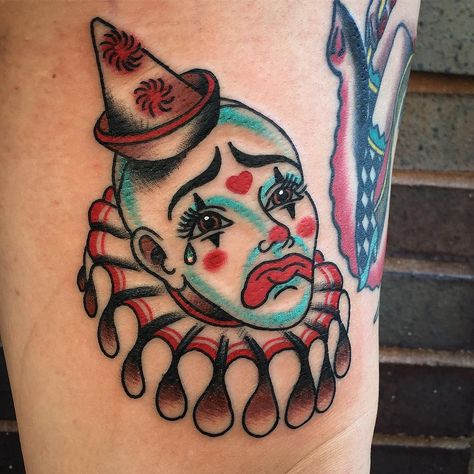 Sad clown for Miss Chelsea. Tattooed in Chicago @familytattoo. #clown #clowntattoo #sadclown #goldenagetattoo #atxtattoo #austintexas… Matching Friendship Tattoos, Jester Tattoo, Cute Best Friend Tattoos, Circus Tattoo, Animals Tattoo, Clown Tattoo, Street Tattoo, Red Rose Tattoo, Forearm Tattoo Women