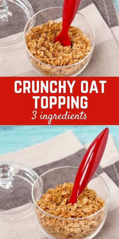 3 ingredient crunchy oat topping - perfect on ice cream and yogurt! Get the easy recipe on RachelCooks.com Oat Yogurt, Oatmeal Crumble Topping, Yogurt Bark Recipe, Oat Crumble Topping, Yogurt Toppings, Yogurt Bark, Sundae Bar, Oat Crumble, Keto Sweets