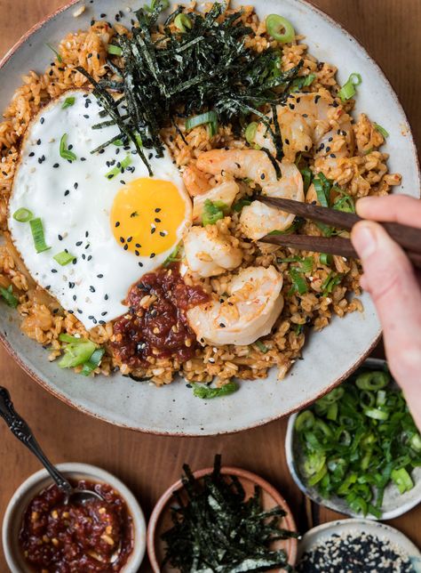 Kimchi Shrimp Fried Rice - WILD GREENS & SARDINES Kimchi Shrimp, Fried Rice With Shrimp, Rice With Shrimp, Salmon And Shrimp, Seafood Entrees, Kimchi Fried Rice, Shrimp Fried Rice, Leftover Rice, Fried Rice Recipe