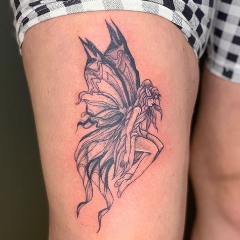 Gothic Pixie Tattoo, Fairy Tattoo Gothic, Irish Fairy Tattoo, Pixie Fairy Tattoo Ideas, Whimsical Fairy Tattoo, Grunge Fairy Tattoo, Evil Fairy Tattoo, Dark Fairy Tattoo Designs, Goth Fairy Tattoo