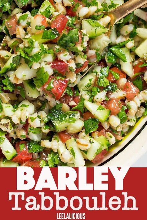 This barley tabbouleh is a unique take on the classic vegetarian salad including bulgur wheat. It has an abundance of fresh herbs, tomato, and cucumber. The lemony dressing soaks into the grains… More Barley Tabbouleh, Pita Filling, Barley Salad Recipes, Lemony Dressing, Quinoa Salad Recipes Easy, Tomato And Cucumber, Tabbouleh Recipe, Barley Salad, Bulgur Wheat