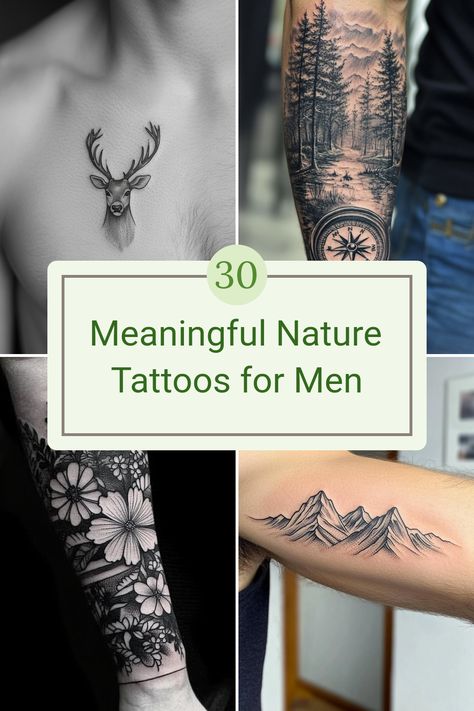 Explore over 30 inspiring nature tattoo designs for men. These tattoos symbolize strength, freedom, and connection to the natural world, featuring elements like trees, mountains, animals, and landscapes. Nature tattoos are a fantastic way to express personal values and passions while adding unique flair. Whether you prefer minimalist styles or intricate patterns, these meaningful designs can resonate deeply with your life experiences. Discover ideas for communicating your love for nature through body art. Find your perfect nature tattoo inspiration today! Negative Space Leaf Tattoo, Meaningful Tattoo Designs Men, Tahoe Tattoo Ideas, Simple Tattoos For Guys Unique, Hawaii Tattoo Men, Forest Tattoo Stencil, Mens Nature Tattoo, Vine Tattoo Men, Tattoo For Men Meaningful