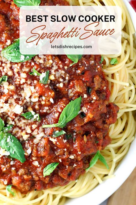 Ground beef and tomato sauce, simmered in the slow cooker with garlic and plenty of seasonings makes this the tastiest spaghetti sauce you’ll every try! Best Crockpot Spaghetti, Best Pasta Sauce Recipe, Ground Beef Spaghetti Sauce, Slow Cooker Spaghetti Sauce, Crockpot Spaghetti Sauce, Best Spaghetti Sauce, Take A Meal, Crockpot Spaghetti, Slow Cooker Spaghetti