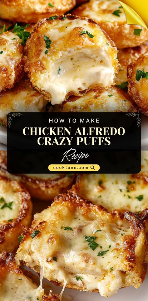 These Chicken Alfredo Crazy Puffs are a fun, homemade take on the Little Caesars favorite! Stuffed with creamy homemade alfredo sauce, tender rotisserie chicken, crispy bacon, and gooey mozzarella, these golden brown bites are finished with a rich garlic parmesan butter. Perfect for appetizers, game nights, or a quick meal. #HomemadeRecipes #EasyDinnerRecipes #QuickDinnerIdeas #HealthyRecipesEasy #HighProteinRecipes Crazy Puffs, Meals Made With Chicken, Garlic Parmesan Butter, Dinner Ideas With Chicken, Parmesan Butter, Creative Dinner Ideas, Unique Dinner Recipes, Pasta Homemade, Little Caesars