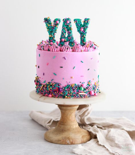 DIY Sprinkle Letter Cake Toppers - Sugar & Sparrow Costco Unicorn Cake, Simple Sprinkle Cake, Four Ever Sweet Birthday Party Cake, Smiley Face Sheet Cake, 2024 Cake Ideas, Diy Girls Birthday Cake, Barbiecore Cake, Threenager Birthday Cake, Number 6 Birthday Cake