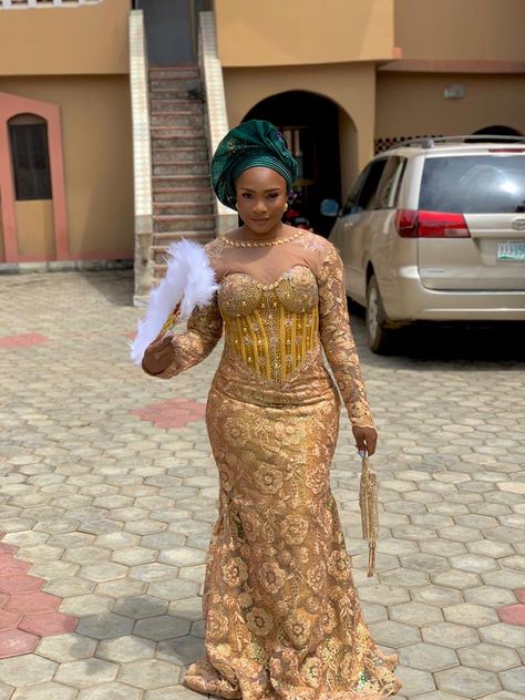 A well detailed dress embellished with stones Gold Lace Asoebi Styles, Lace Dress For Party, Asoebi Lace Style, Lace Asoebi Styles, Latest Lace Styles, Asoebi Lace Styles, Asoebi Lace, Dress For Party, Traditional Marriage