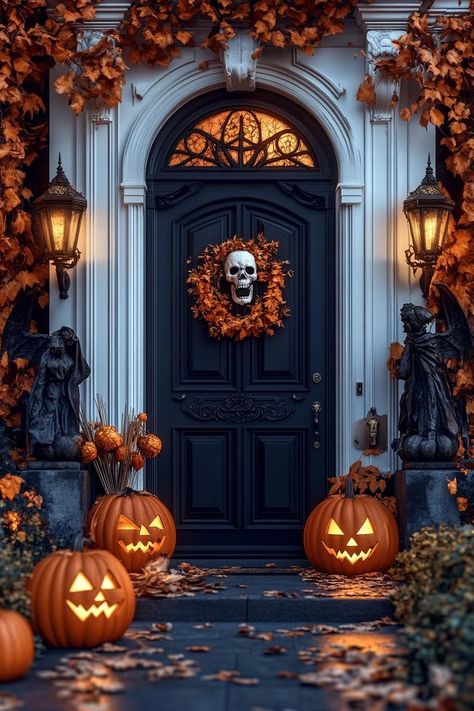 Spooky Halloween Door Decorations, Spooky Entrance, Halloween Entryway Decor, Warm Home Aesthetic, Halloween Entryway, Glow Pumpkin, Halloween Front Doors, Classy Halloween, Minimalist Apartment