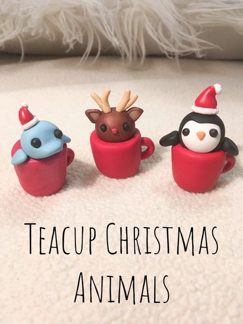 Polymer Clay Reindeer, penguin, and dolphin in cups Polymer Clay Kawaii Christmas, Polymer Clay Christmas Figures, Xmas Clay Ideas, Polymer Clay Dolphin, Cute Clay Ideas Christmas, Polymer Clay Reindeer, Cute Christmas Clay Ideas, Polymer Clay Thanksgiving, Christmas Clay Figures