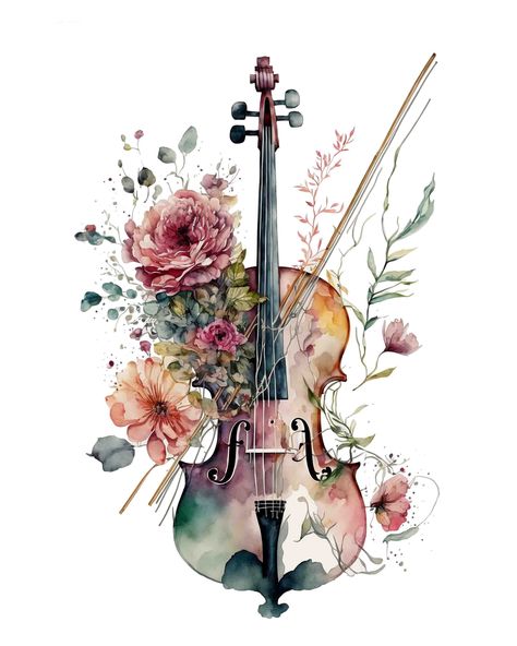 Violin Art, Wild Tattoo, Music Artwork, Digital Art Print, Classic Frame, Instant Download Printable, Watercolor Floral, Digital Art Prints, Watercolor Print