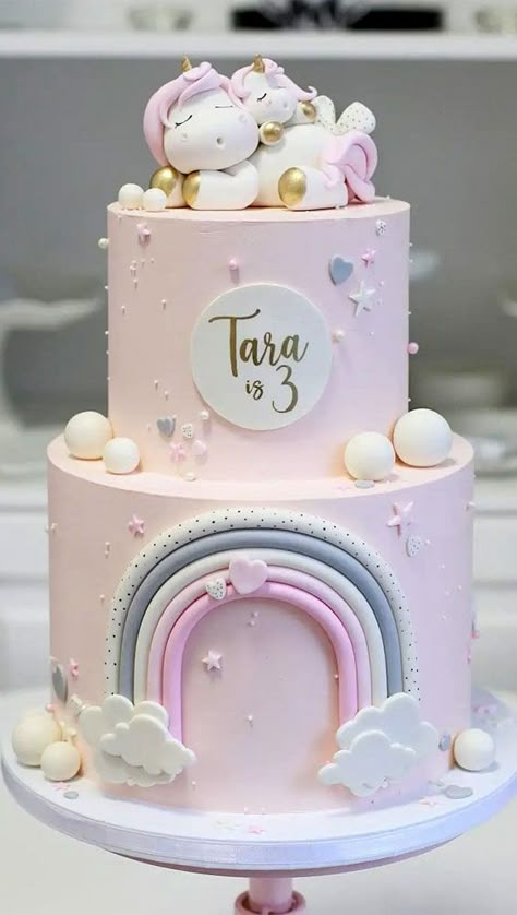 Cake For 3rd Birthday, Cake Ideas 2023, Cute Cake Ideas, 3 Tier Birthday Cake, Birthday Cakes Girls Kids, Unicorn Cake Design, Two Tiered Cake, Candy Birthday Cakes, Tiered Cakes Birthday