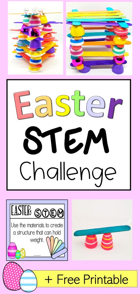 The pin says Easter STEM challenge and shows structures made out of popsicle sticks and plastic eggs. April Stem Activities, March Stem Activities, Classroom Stem Activities, Easter Stem Challenge, March Stem, Easter Stem Activities, Spring Stem Activities, Easter Stem, Easter Kindergarten