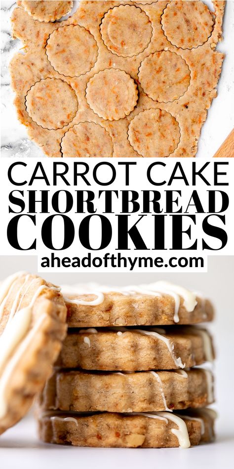 Carrot Cake Shortbread Cookies, Carrot Shortbread Cookies, Carrot Cookie Recipes, Carrot Cake Sugar Cookies, Cookies Freezer Friendly, Cookie Flavor Combinations, Vegan Carrot Cake Cookies, Things To Make With Carrots, Eggless Shortbread Cookies