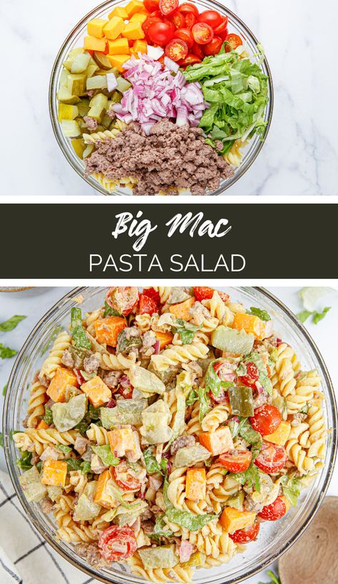 Easy Big Mac Pasta Salad, Burger Pasta Salad, Amazing Pasta Salad, Taco Mac Salad, Pasta Salad Recipes Small Batch, Pasta Salad Recipes With Meat, Mac And Cheese Pasta Salad, Pasta Salad Party, Wacky Mac Pasta Salad