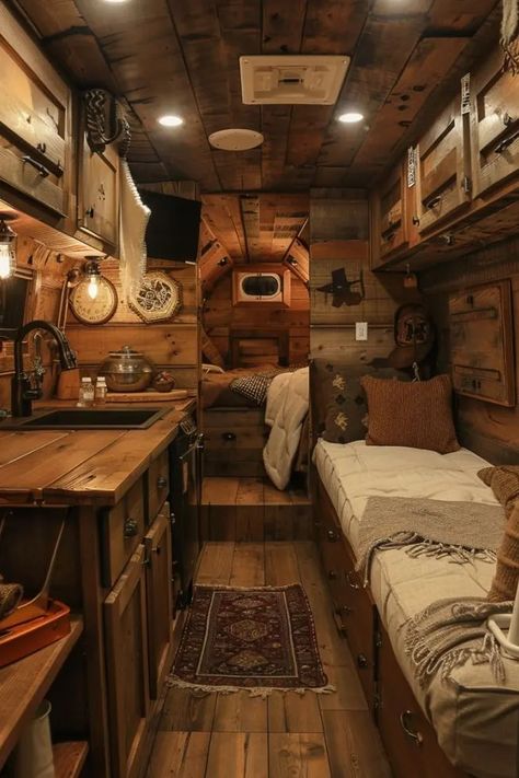 this-old-cabin.webp 653×980 pixels Camping Cabin Interior, House Truck Interior, Truck House Interior, Vintage Motorhome Interior, Wood Camper Interior, Cottagecore Van Life, Rustic Rv Decorating Ideas, Bus Home Ideas, Van Interior Aesthetic