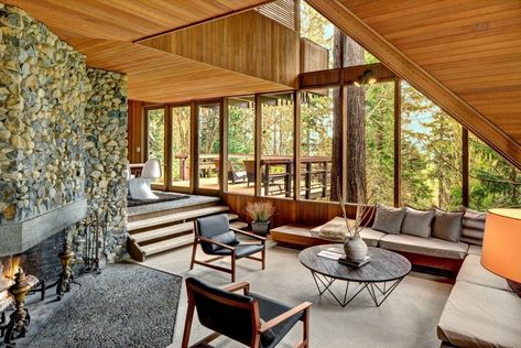 You must know these Five Distinct Design Features from the Pacific Northwest - Anita Yokota Modernist House, Sunken Living Room, Mercer Island, Living Room Remodel, Family Room Design, Livingroom Layout, Room Remodeling, Design Your Home, Living Room With Fireplace