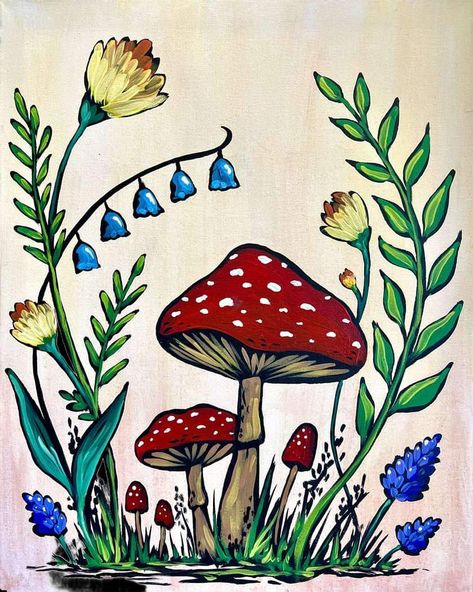 Mushroom Furniture, Cute Canvas Ideas, Mushroom And Flowers, Pinots Palette Paintings, Adult Paint Party, Art For Friends, Sip And Paint Ideas, Painted Moon, Wine And Paint Night