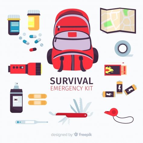 Emergency survival kit with flat design | Free Vector #Freepik #freevector #food #water #design #map Kit For School, Emergency Backpack, Water Survival, School Drawing, Emergency Survival Kit, Cute Pink Background, Emergency Bag, Water Design, Emergency Kit