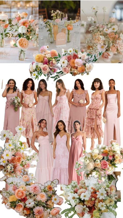 Bridesmaid Dresses Mismatched Summer, Wedding Color Schemes Pink, Pink Wedding Theme Color Schemes, Tropical Bridesmaids, Shades Of Pink Wedding, Wedding Theme Color Schemes, Peach Bridesmaid, Pink And White Weddings, White Wedding Theme