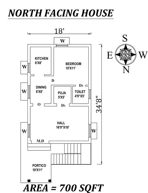 Autocad Drawing file shows 18' X 34'8 1 Bhk Plan, House Plans Uk, Smart House Plans, Cob House Plans, 20x30 House Plans, North Facing House, 20x40 House Plans, House Plans Ideas, One Bedroom House