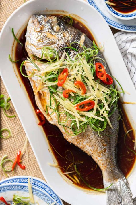 Steam Fish Recipe, Chinese Steamed Fish, Soy Sauce Dressing, Steamed Fish Recipes, Steam Fish, Recipes With Soy Sauce, Chinese Vegetables, Steamed Fish, Spring Onions