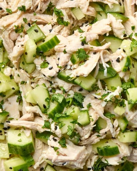 Cucumber Chicken Salad Recipe (No Mayo!) | The Kitchn Rice Wine Vinegar Dressing, Cucumber Chicken Salad, Chicken Salad No Mayo, Cucumber Chicken, Chicken Leftovers, Make Ahead Salads, Salmon Potato, Vinegar Dressing, Salad Greens