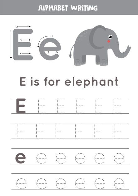 Alphabet tracing worksheet with animal i... | Premium Vector #Freepik #vector #cartoon #animals #alphabet #font Writing Practice For Kids, Letter E Activities, Tracing Alphabet Letters, E Is For Elephant, Kids Handwriting Practice, Vector Alphabet, Kids Alphabet, Preschool Tracing, Alphabet Tracing Worksheets