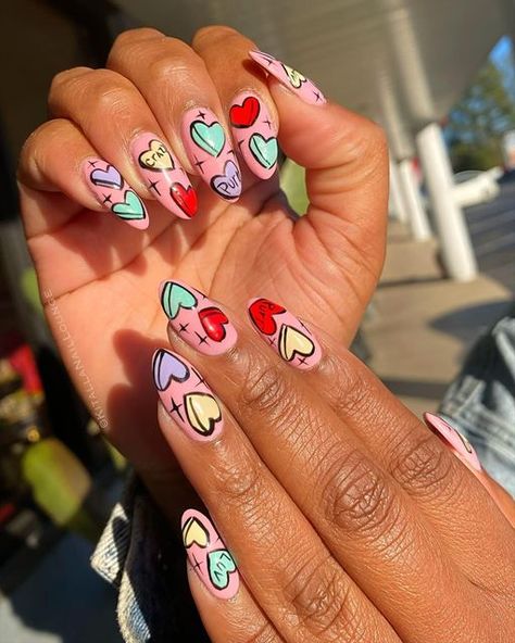 Candy Heart Nail Designs, Crazy Valentines Nails, Valentines Nails Blue, Crazy Valentines Day Nails, Candy Heart Nail Art, Anti Love Nails, Blue Valentine Nails, Candy Heart Nails, Anti Valentines Day Nails