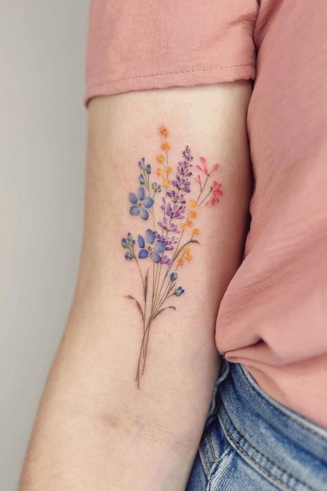 30+ Perfect Lavender Tattoo Design Ideas Fireweed Tattoo, Mothers Tattoo, Lavender Tattoo Design, Small Snowflake Tattoo, Lavender Tattoos, Best Feminine Tattoos, Atom Tattoo, Bisexual Aesthetic, Purple Tattoo