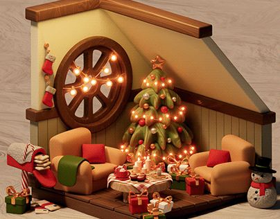 Christmas 3d Illustration, Isometric Rooms, Isometric House, Blender Character Modeling, Christmas Interior Design, Animation Blender, Christmas Animation, 3d Isometric, Art Toys Design