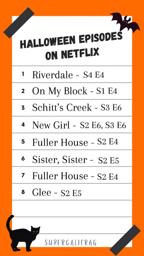 Here is a list of some of the halloween episodes you can stream on Netflix this Halloween.  - New girl S2 E6, S3 E6 
- Schitts Creek S3 E6
- Fuller House S2 E4
- Riverdale - S4 E4
- Glee S2 E5
- Sister sister S3 E7 Halloween Episodes Of Shows, Halloween Tv Show Episodes, Fall Episodes Of Shows, Summerween Movie List, Halloween Episodes List, October Movie Watchlist, Disney Halloween Episodes, Disney Halloween Episodes List, Autumn Movie