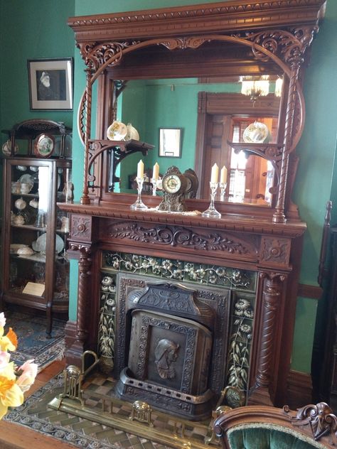 Victorian Home Fireplace, Whimsigoth Fireplace, Victorian Brick Fireplace, Old Victorian Fireplace, 1890s Interior, Victorian Electric Fireplace, Large Victorian Fireplace, Gothic Victorian Home Decor, Electric Fireplace Victorian