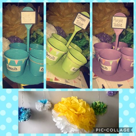 Busy Day 🌻🍎  Handmade pencil pots for Primary classroom and handmade tissue paper flowers 🌼  Classroom caddy, KS1 Teacher Pencil Caddy Classroom, Classroom Caddy, Year 2 Classroom, Pencil Caddy, Classroom Tables, Purple Table, Classroom Layout, Desk Tidy, Tissue Paper Flowers