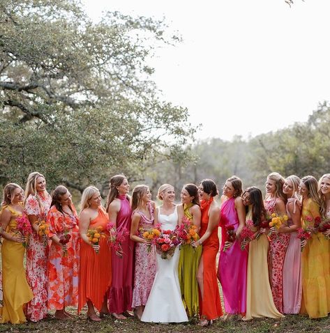 ⁠The perfect color palette doesn’t exist…🧡💛 •⁠ •⁠ Wed Society | Austin FEATURED vendors:⁠ Venue: @windemerefarmweddings⁠ Linens + Napkins: @bbjlatavola⁠ Stage + Satellite Bars: @premiereeventstx⁠ •⁠ •⁠ // Photo: @frannypullinphotography⁠ •⁠ •⁠ Other Vendors:⁠ @westcottweddings @nicolet_laveau⁠ @lovelykindbeauty⁠ @carlycreativeco⁠ @weareloam⁠ @tablemannerstx⁠ @beelavishvintage⁠ @mikesdancefloorrentals⁠ @austineventlighting⁠ @royalfigcatering⁠ @icedcakesatx⁠ @blinddateaustin⁠ @malcatdog ⁠ #ven... Summer Sunset Bridesmaid Dresses, June Wedding Colors 2025, Sunset Wedding Colors Colour Palettes, Vibrant Bridesmaid Dresses, Colorful Bridesmaid Dresses, Bridesmaid Dresses Different Colors, Pink Yellow Weddings, Bridesmaid Dresses Color Palette, Talavera Wedding