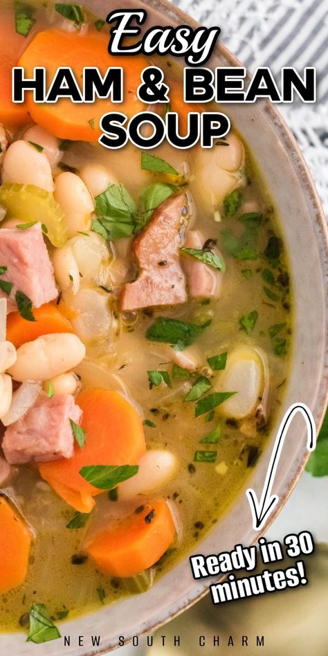 This easy Ham and Bean Soup from New South Charm is a hearty delicious dinner! It is a 30-minute dinner recipe that is filled with savory bites of ham, vegetables, and tender Great Northern Beans. You’ll love how fast and budget-friendly this simple soup is to make for your family! Great for those cold winter nights. Easy Ham And Bean Soup With Canned Beans, Northern Beans And Ham Crockpot, Northern Bean Soup With Ham, 5 Bean Soup Recipes, Ham And Northern Bean Soup, Northern Bean And Ham Soup, Great Northern Bean Recipes, Recipes With Northern Beans, Northern Beans And Ham