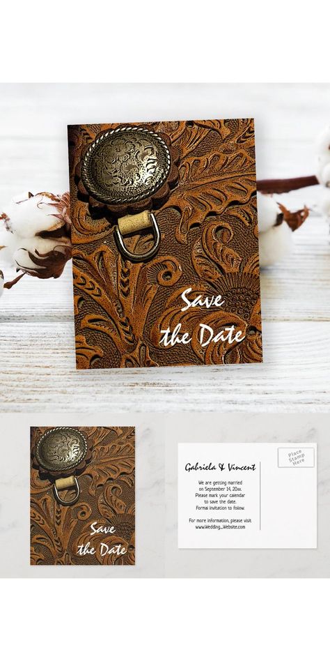 Set a casual yet classy tone for your upcoming farm theme nuptials with the charming Western Saddle Country Wedding Save the Date Announcement Postcard. This rustic chic custom ranch style marriage keep the date features a digitally enhanced close up photograph of a brown tooled leather horse saddle with an intricate leaf design. Perfect inspo for an informal barn party ceremony and reception celebration event. Cowboy Groom, Western Wedding Rings, Cowgirl Bride, Barn Party, Barn Parties, Country Barn Weddings, Country Barn, Western Saddle, Farm Theme