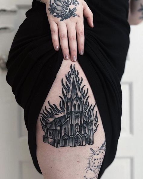 Gothic Religious Tattoo, The Love Witch Tattoo, Burning Cathedral Tattoo, Midnight Mass Tattoo, Blasphemy Tattoo, Dark Feminine Tattoos Leg Sleeve, Church On Fire Tattoo, Take Me To Church Tattoo, Witch Burning Tattoo