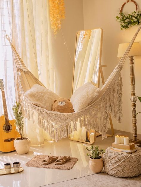 Boho Bedroom Hammock, Indoor Hammock Reading Nook, Hammock Room Ideas, Hammock In Room, Hammock Bedroom Ideas, Bohemian Hammock, Cowgirl Room Ideas, Redecorate Room, Room Hammock