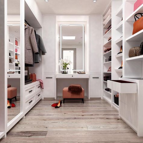 Walk In Closet With Dressing Table, Her Walk In Closet, Tropical Houses Interior, Office Dubai, Bedroom Closets, Home Office Closet, Office Closet, Closet Vanity, Walking Closet