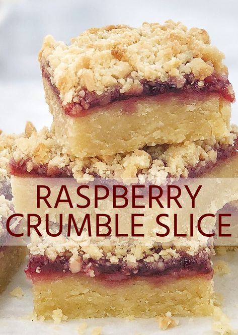 This is my version of one of my favourite childhood recipes, raspberry bars - or to us here in Australia - raspberry slice. These crumble bars are easy to make with a buttery shortbread base. The bars are also made with jam so best of all, no trip to the shops for fresh raspberries! #chefnotrequired #raspberry Party Food Ideas Easy, Raspberry Slice, Raspberry Crumb Bars, Raspberry Crumble Bars, Slice Recipes, Raspberry Crumble, Raspberry Bars, Raspberry Recipes, Crumble Bars