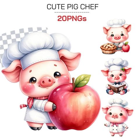 Illustrated Farm Animal Clip Art Set Kitchen Graphics, Chef Illustration, Farm Animal Clipart, Cooking Clipart, Pig Clipart, Creative Clips Clipart, Pig Illustration, Space Craft, Pig Art