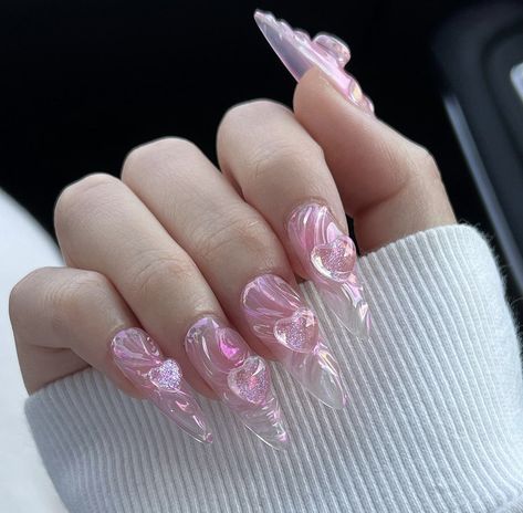 Grunge Pink Nails, Jelly Heart Nails, 3d Heart Nails, Pink 3d Nails, Fairy Core Nails, Grad Nails, Stiletto Press On Nails, Heart Theme, Aurora Nails