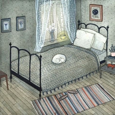 Yelena Bryksenkova. Bedroom. Bedroom Illustration, Alberto Giacometti, Cottage Interior, Interior Illustration, Bedroom Prints, Childrens Illustrations, Children's Book Illustration, Painting Illustration, A Drawing