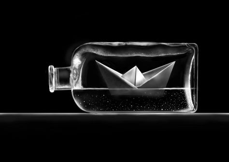 Paper Boat Photography, Conceptional Photography, Boat In Bottle, Kintsugi Tattoo Ideas, Kintsugi Tattoo, Black And White Photography Portraits, Low Key Photography, Paper Boats, Broken Bottle