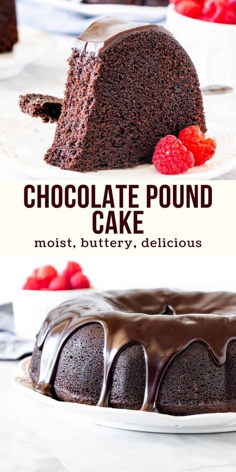 This chocolate pound cake is moist and buttery with a rich chocolate flavor. It's perfect in its simplicity, and the ultimate cake if you love chocolate. #chocolate #poundcake #bundtcake #moist #ganache #buttery #sourcream from Just So Tasty Choc Pound Cake Recipe, Best Chocolate Pound Cake Moist, Old Fashioned Chocolate Pound Cake, Best Chocolate Pound Cake, Swan Cake Flour Recipes, Buttermilk Chocolate Pound Cake, Chocolate Pound Cake Recipe Homemade, Do Nothing Cake Recipe Simple, Chocolate Pound Cake Moist