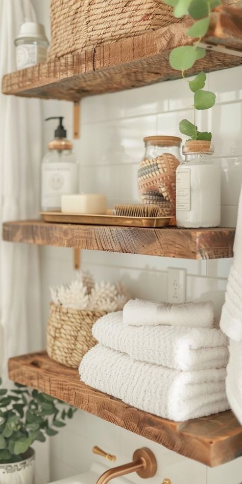 Simple Bathroom Shower Ideas, County Boho Decor, Bathroom Self Care Aesthetic, Small Rustic Boho Bathroom, Branch Display Ideas, Spa Bathroom Bamboo, Diy Coastal Bathroom Decor, Beige Rustic Bathroom, Boho Shower Bathroom